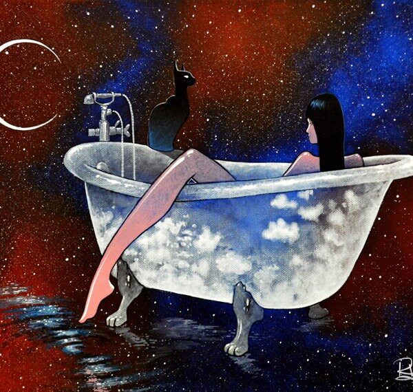 Cosmic bath - original mystical cat painting by Raphaël Vavasseur