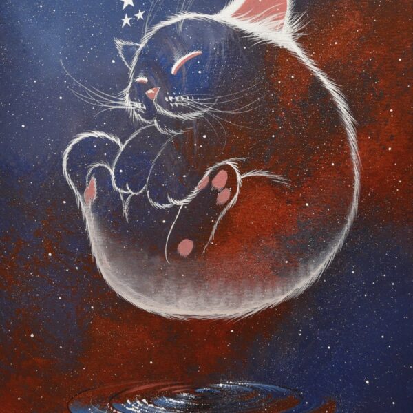Cosmic cat over water - original mystical cat painting by Raphaël Vavasseur