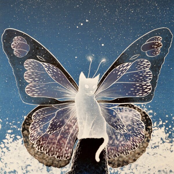 Orion butterfly cat - original cat painting by Raphaël Vavasseur