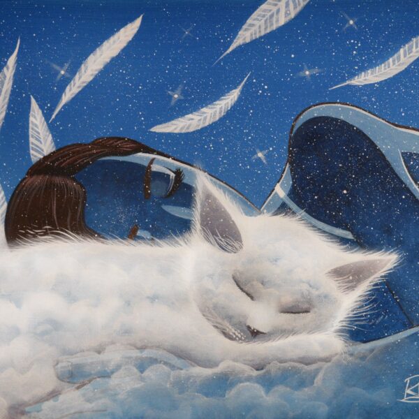Personnal cloud - original mystical cat painting by Raphaël Vavasseur