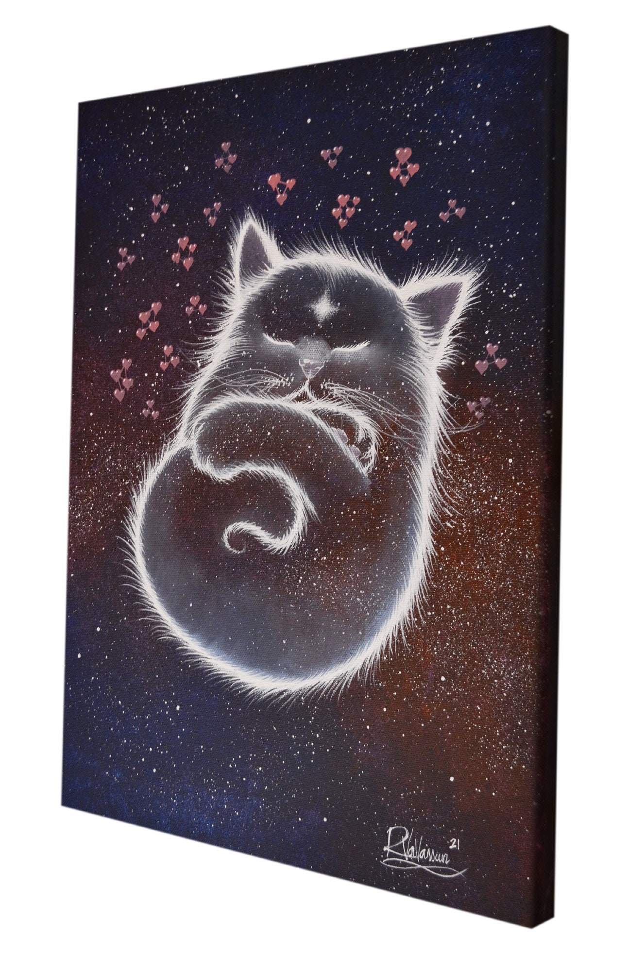 The cat floating in the molecules of love - original celestial cat artwork by Raphaël