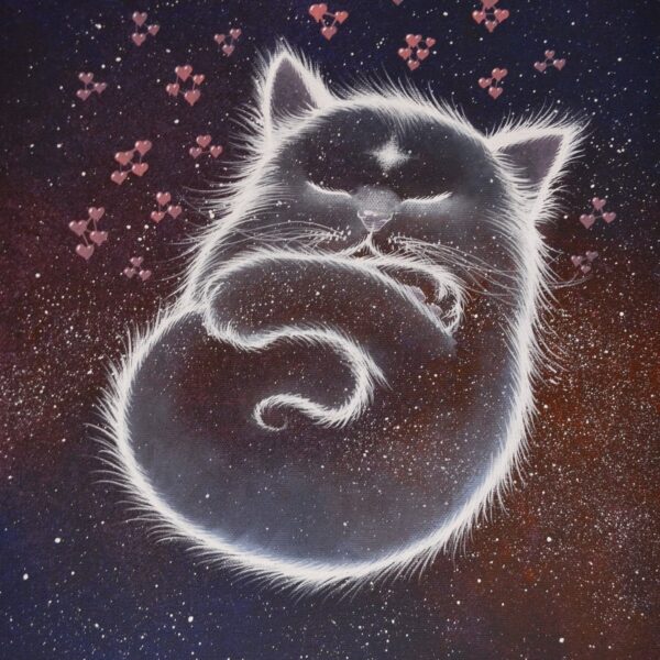 The cat floating in the molecules of love - original mystical cat painting by Raphaël
