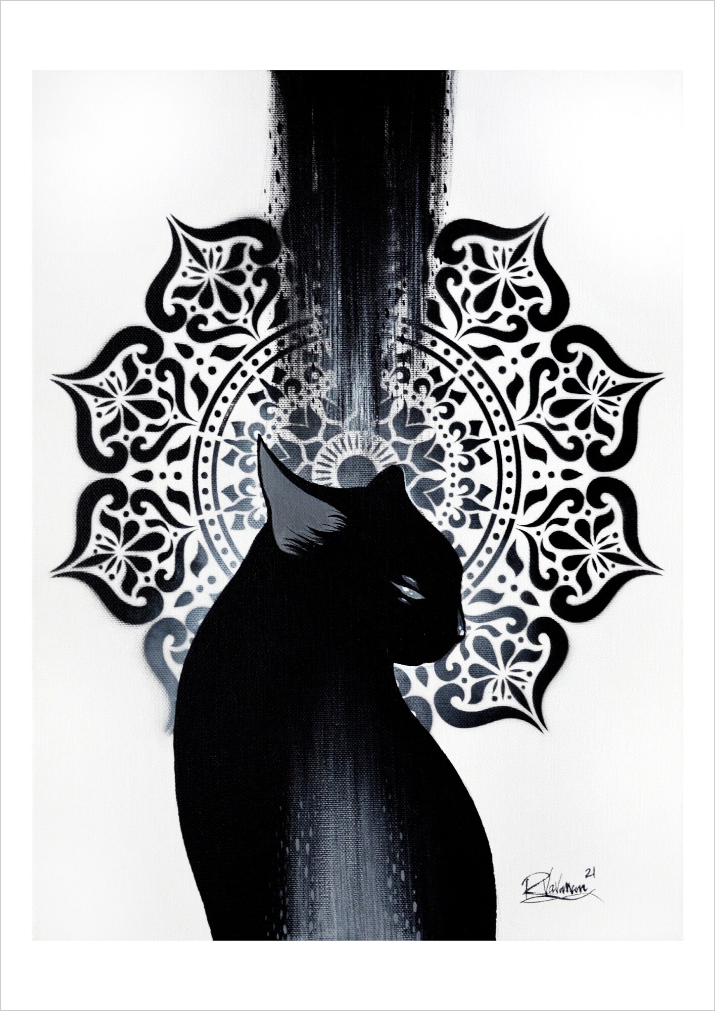 Inky cat - B&W mystical cat print by Raphaël Vavasseur