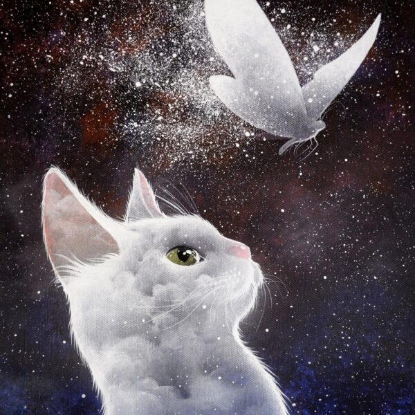 The flight of the soul - original celestial cat artwork by Raphaël Vavasseur