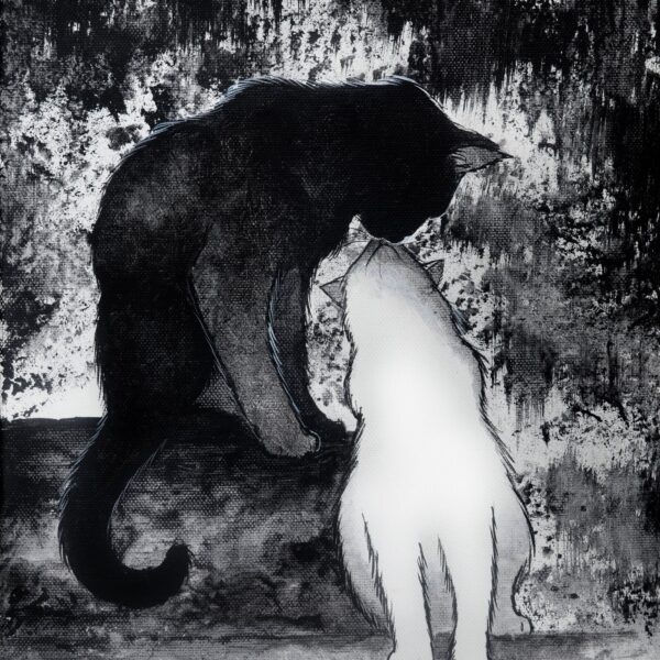 Morning kiss 2 - original mystical cat painting by Raphaël Vavasseur