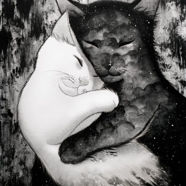 Nap in the Universe - original mystical cat painting by Raphaël Vavasseur