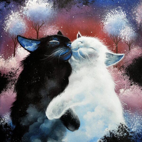 Secret cats night - original mystical cat painting by Raphaël Vavasseur
