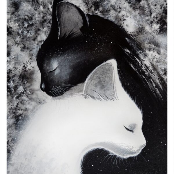 Yin & yang cats - monochrome feline art print by Raphaël Vavasseur