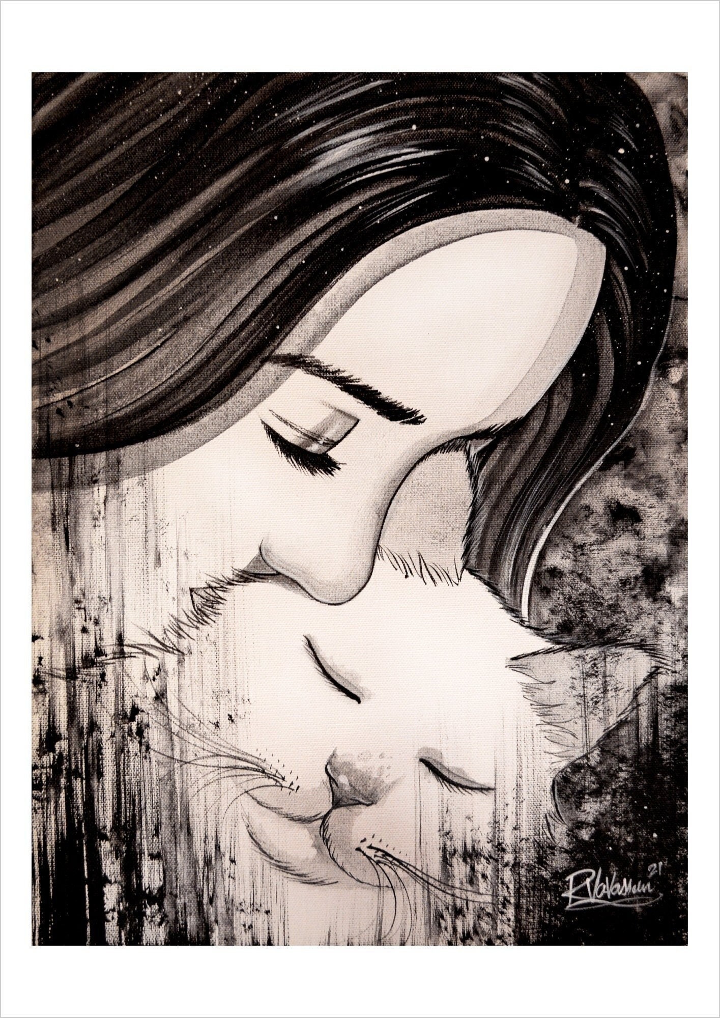 Tender cat - noir cat art print by Raphaël Vavasseur