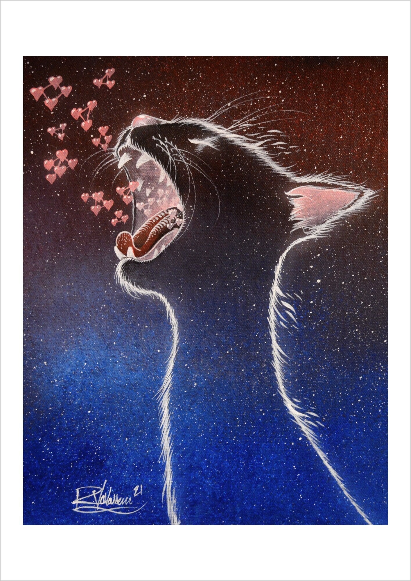 The stry cat's love molecules - starry feline art print by Raphaël Vavasseur