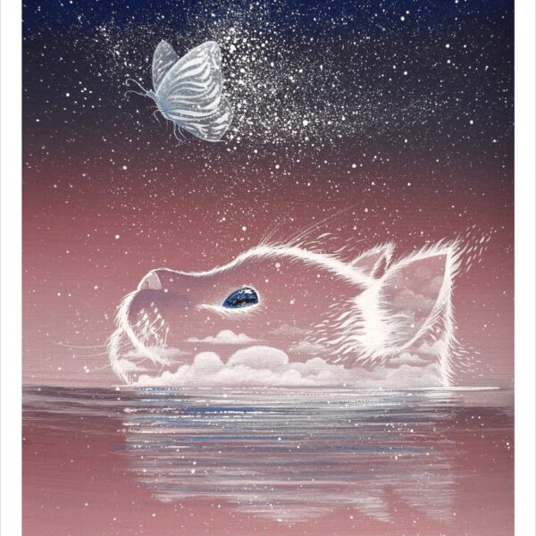 The mirage cat and the butterfly of stars - celestial cloud cat print by Raphaël
