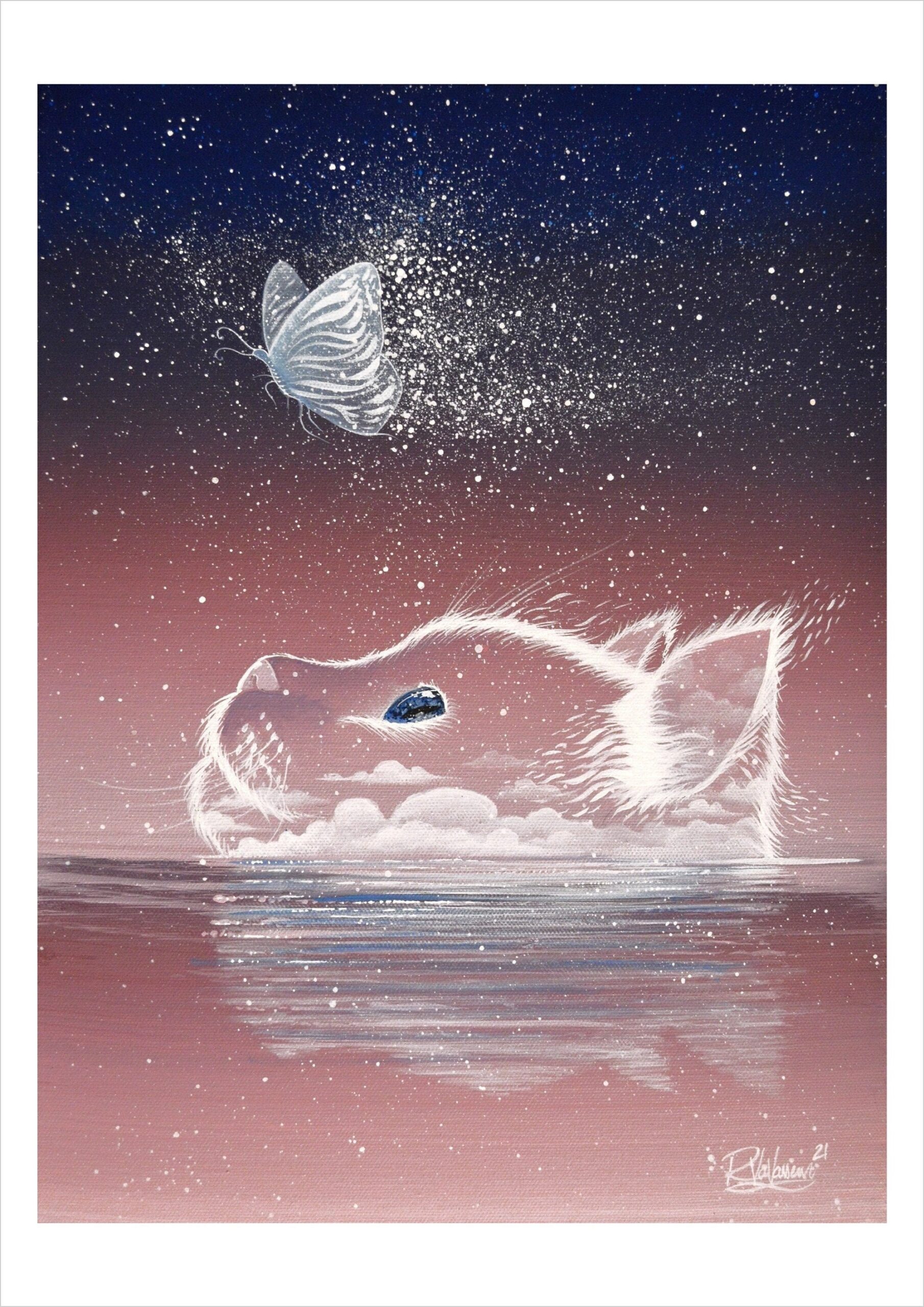The mirage cat and the butterfly of stars - celestial cloud cat print by Raphaël