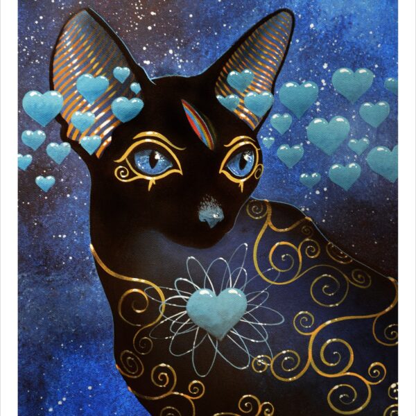 Bastet blue heart - mystical cat art print by Raphaël Vavasseur