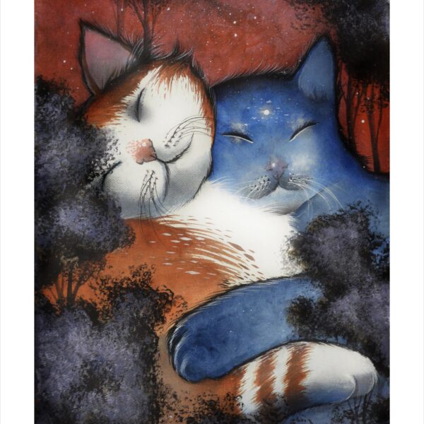 Indigo cat love - enchanted cat art print by Raphaël Vavasseur