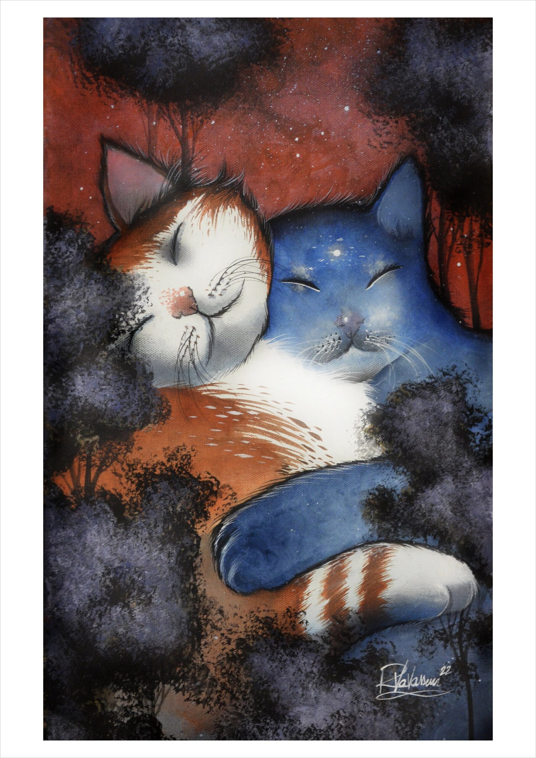 Indigo cat love - enchanted cat art print by Raphaël Vavasseur