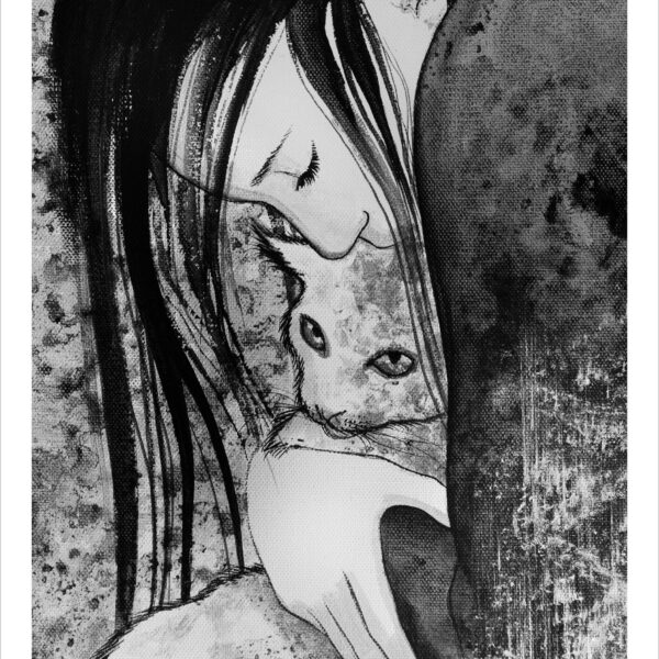 Kiss the street - B&W mystical cat print by Raphaël Vavasseur