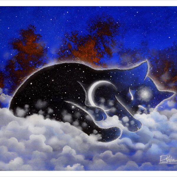The guardian of the night - celestial cloud cat print by Raphaël Vavasseur