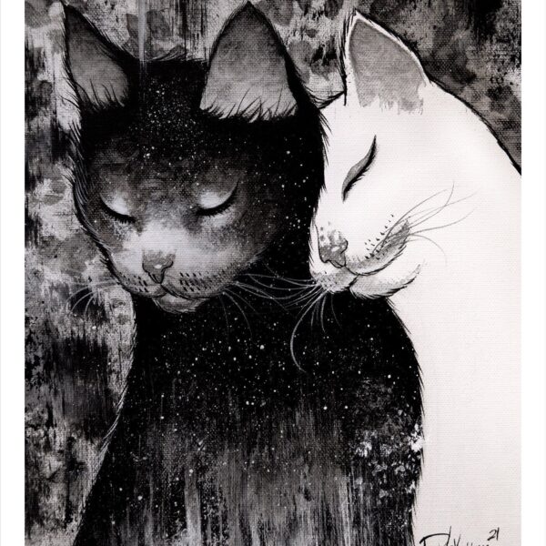 The whisperer cat - black and white cat art print by Raphaël Vavasseur