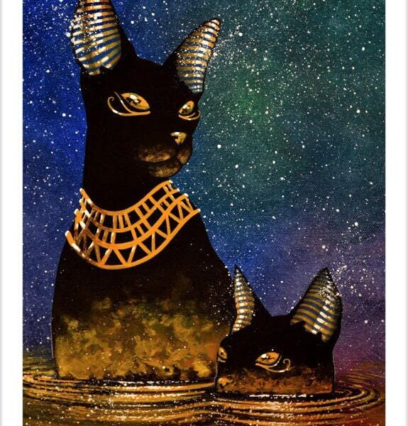Gold river of Bastet - magical feline art print by Raphaël Vavasseur