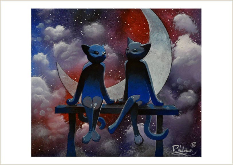 Saturday night gossip - moonlight mystical cat print by Raphaël Vavasseur