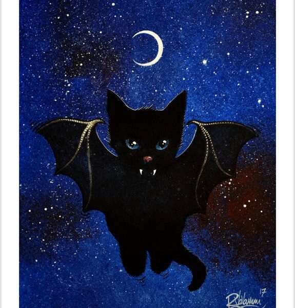 Bat cat - nocturnal feline art print by Raphaël Vavasseur