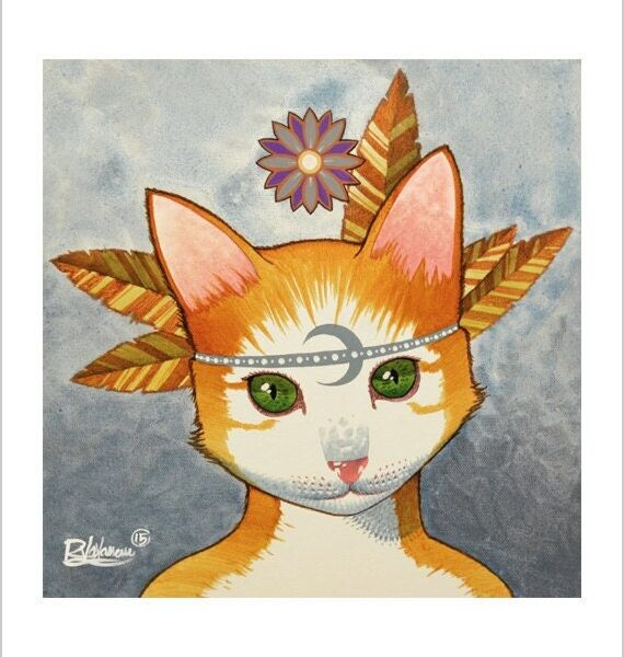 Little moon flower - gentle feline art print by Raphaël Vavasseur