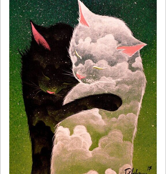 Dark cloud, light cloud - starry feline art print by Raphaël Vavasseur