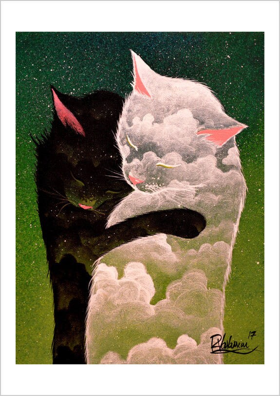 Dark cloud, light cloud - starry feline art print by Raphaël Vavasseur