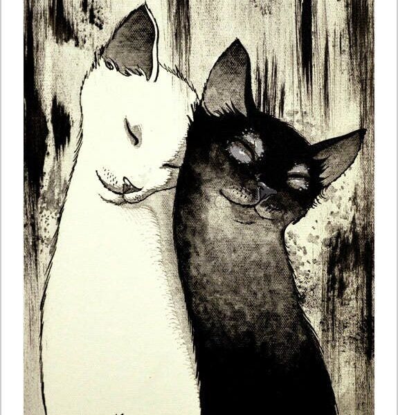 Cats take care - monochrome feline art print by Raphaël Vavasseur