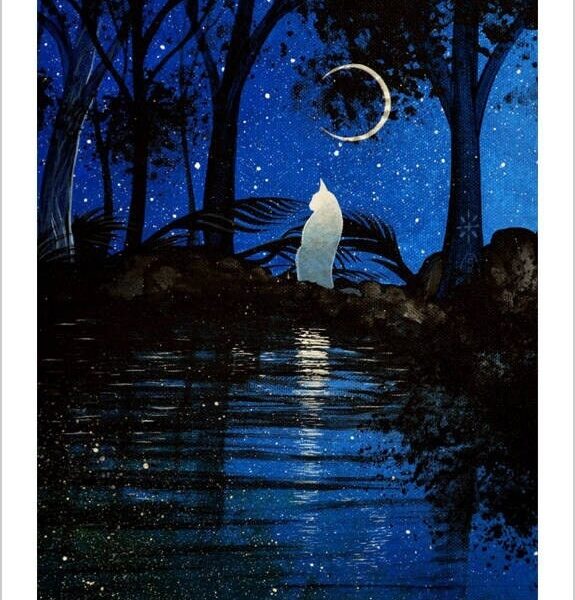 Night lagoon - soft pastel cat art print by Raphaël Vavasseur