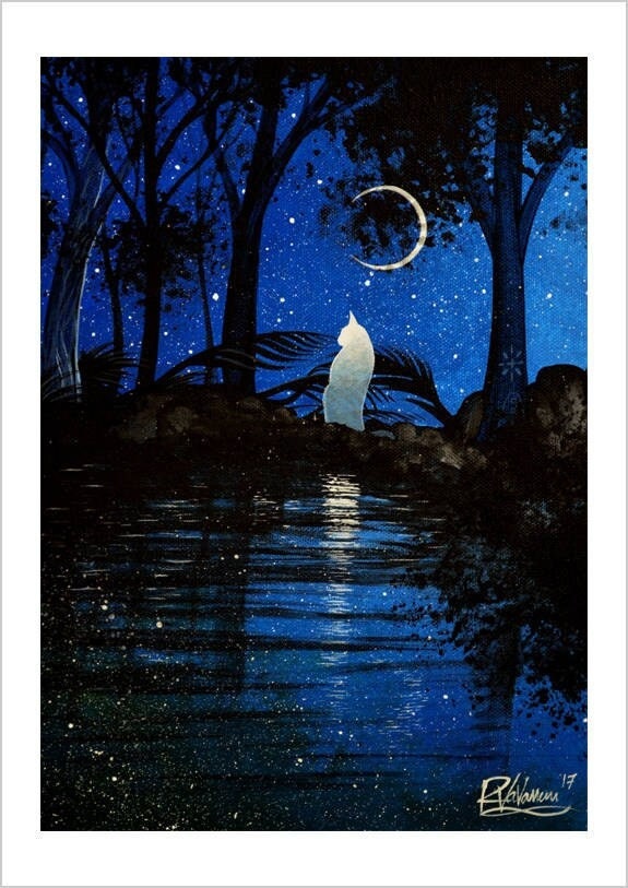 Night lagoon - soft pastel cat art print by Raphaël Vavasseur