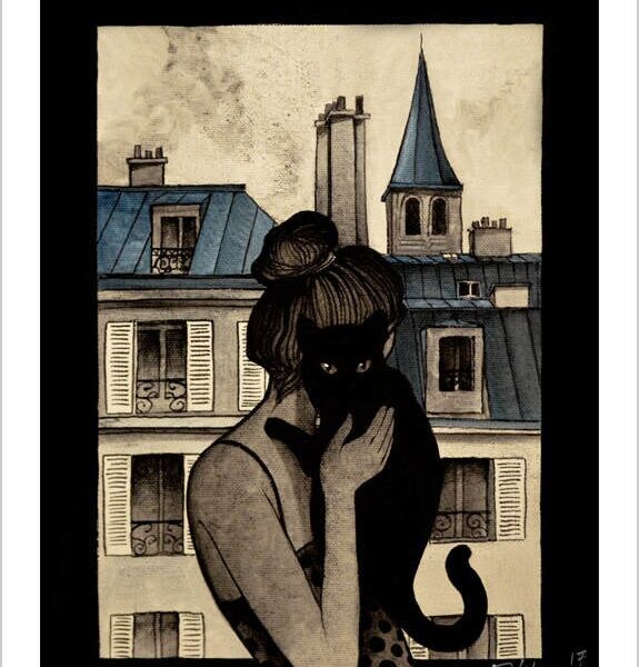 The black cat of Paris - Paris feline art print by Raphaël Vavasseur