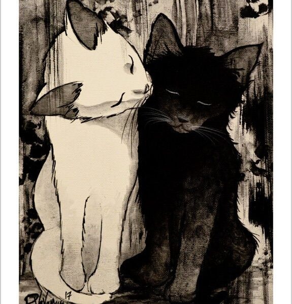Take care of each other - monochrome feline art print by Raphaël Vavasseur