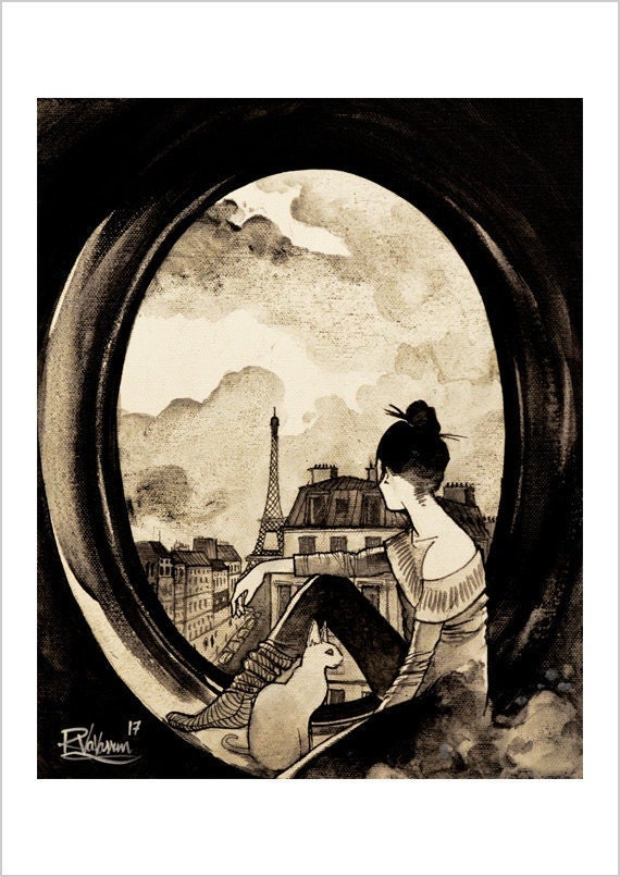 Parisian & cat - French mystical cat print by Raphaël Vavasseur