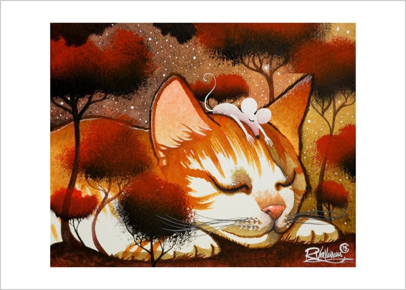 Cat & mouse - enchanted cat art print by Raphaël Vavasseur