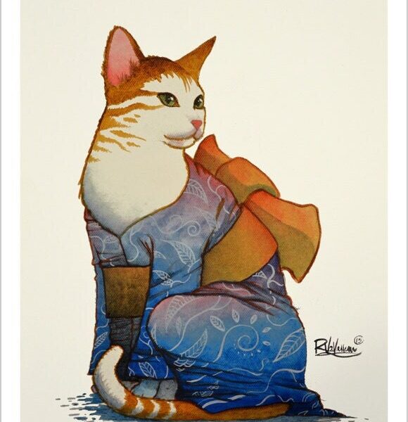 Kimono cat - delicate feline art print by Raphaël Vavasseur