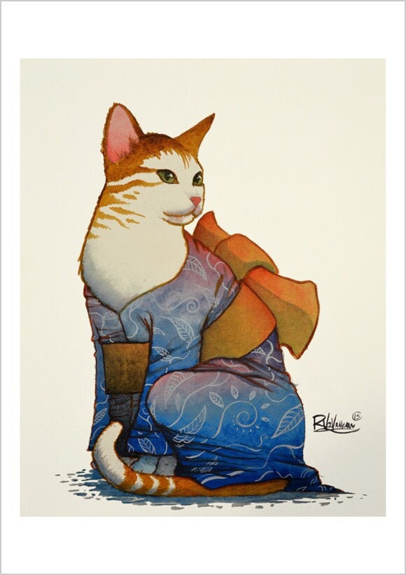 Kimono cat - delicate feline art print by Raphaël Vavasseur