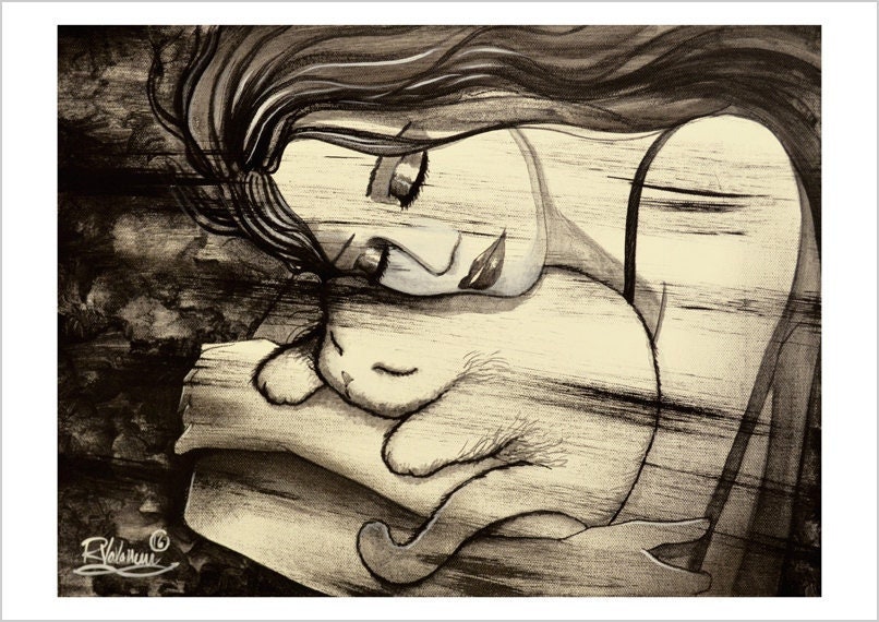 Moment of tenderness - black and white cat art print by Raphaël Vavasseur