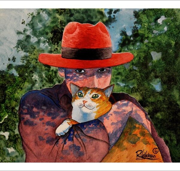 A cat with his painter - gentle feline art print by Raphaël Vavasseur