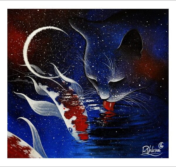 Cosmos lagoon - lunar feline art print by Raphaël Vavasseur