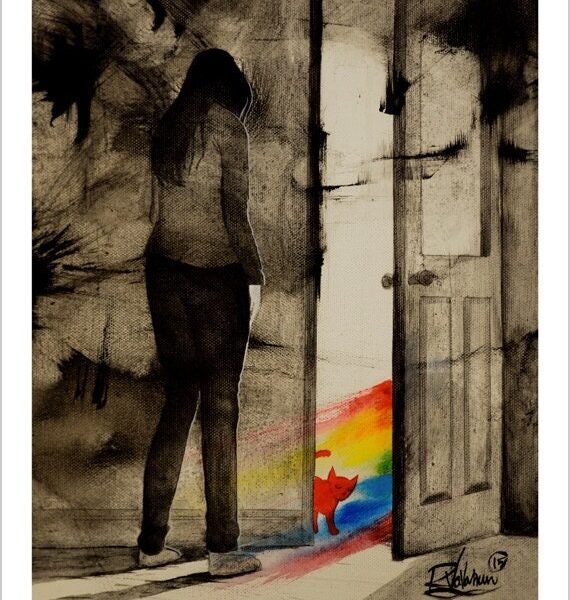 Let a rainbow in - black and white cat art print by Raphaël Vavasseur