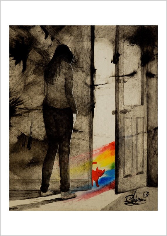 Let a rainbow in - black and white cat art print by Raphaël Vavasseur