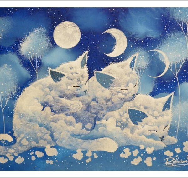 Three moons - moonlit cat art print by Raphaël Vavasseur