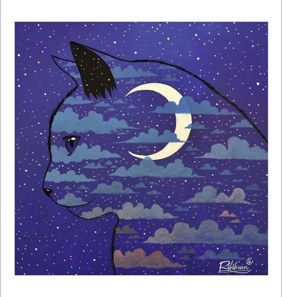 Clouds of luna cat - moonlit cat art print by Raphaël Vavasseur