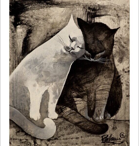 Morning kiss - black and white cat art print by Raphaël Vavasseur