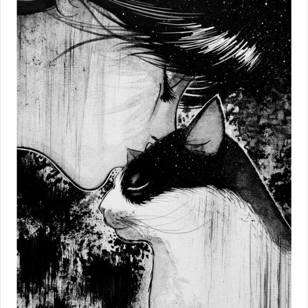 A simple kiss to say all - monochrome feline art print by Raphaël Vavasseur