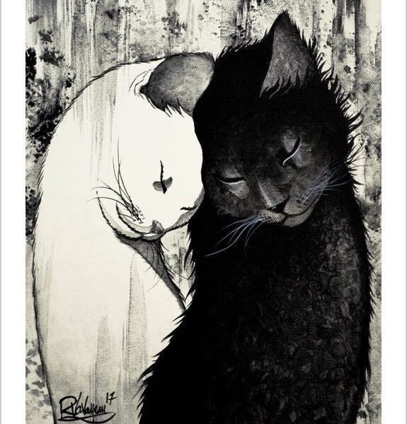 Soul mates - B&W mystical cat print by Raphaël Vavasseur