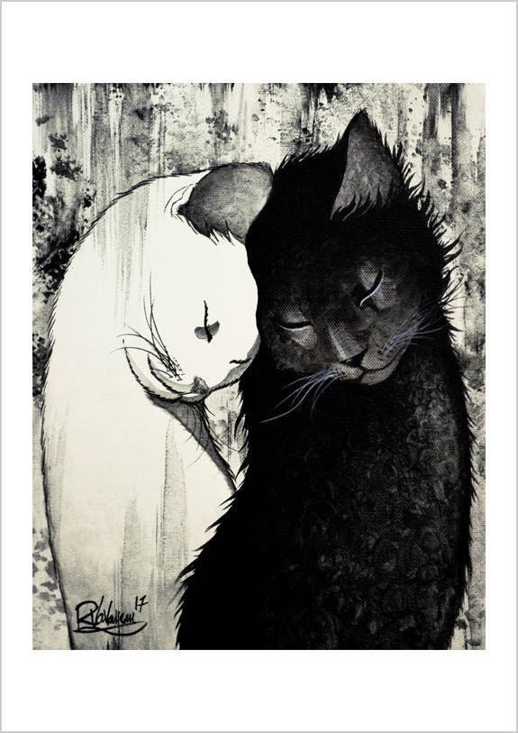 Soul mates - B&W mystical cat print by Raphaël Vavasseur