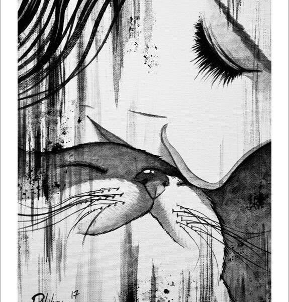 Kiss a cat - noir cat art print by Raphaël Vavasseur