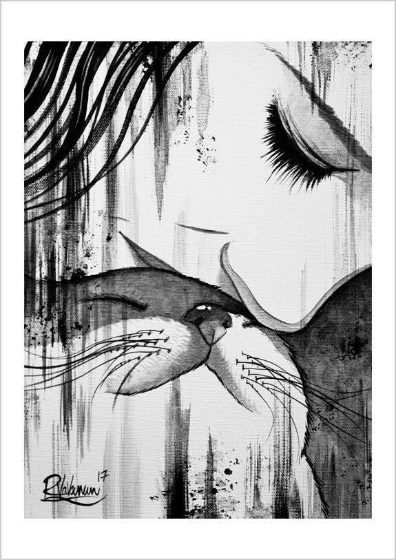 Kiss a cat - noir cat art print by Raphaël Vavasseur